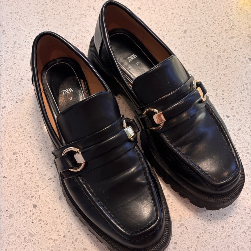 Zara Black Leather Lug-Sole Loafers with Gold Bit